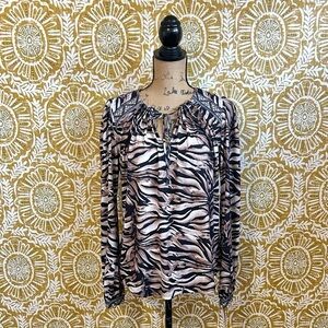NWT Hale Bob Animal Print Long Sleeve Tie Neck Stretch Jersey Blouse size M